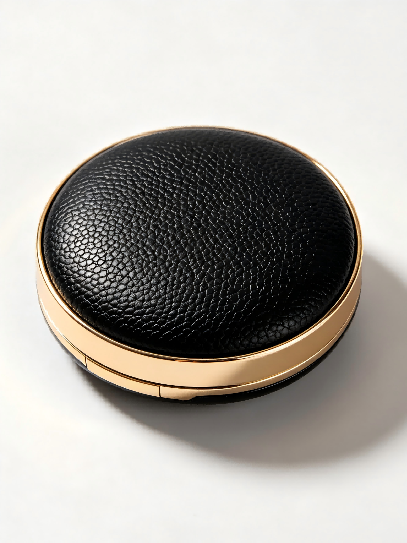 Vintage black leather grain air cushion case with gold metal trim, premium round empty makeup compact for custom brand OEM